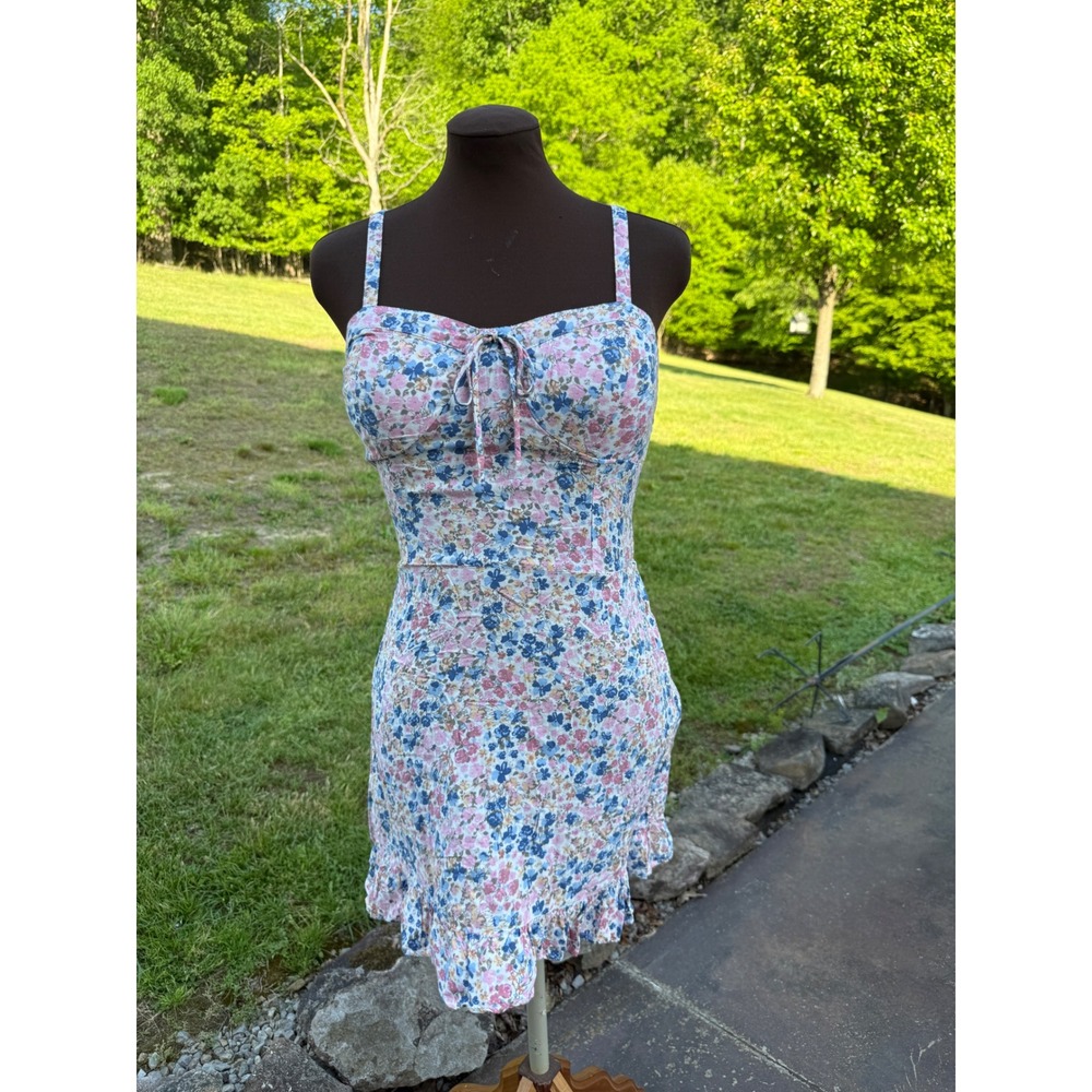 Y2K Wallflower Floral Smocked Back Ruffle Mini Dress Blue Pink Rayon Size L
